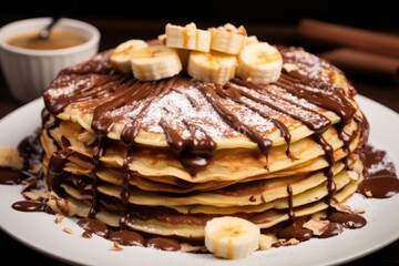 pancake covered with nutella and bananas - obrazy, fototapety, plakaty