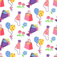 Fototapeta na wymiar Pattern gift bag, fireworks, bouquet, cone, balloon, flowers, confetti on a white background. Festive texture for printing on textiles and paper. Gift packaging, postcards