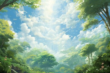 Fototapeta na wymiar An artwork depicting a heavenly canopy featuring fluffy clouds and lush vegetation. Generative AI