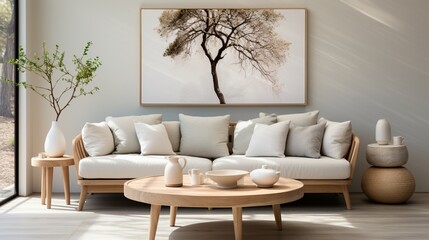 A Scandinavian-style home interior design of a modern living room includes a beige sofa and a wooden round coffee table against a white wall with two frames