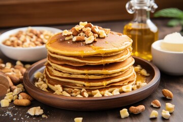 pancakes topped with golden pats of butter and nuts - obrazy, fototapety, plakaty