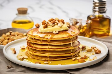 pancakes topped with golden pats of butter and nuts