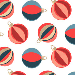Christmas seamless pattern with round striped Christmas tree toys on a white background. A bright round figure in blue and red colors. Vector repeating flat illustration