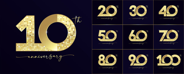 Set of anniversary pixel digits logo with golden handwriting for celebration event. Luxury gold vector numbers from 10 to 100 for a birthday, wedding or event anniversary invitation