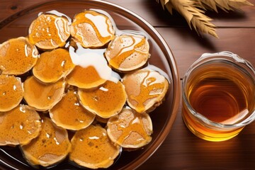 pancake portions encircling a dish of maple syrup