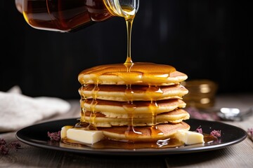 pancakes with maple syrup dripping off the side