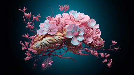 blossoming mind: creative conceptual image of a flowering human brain on an isolated background