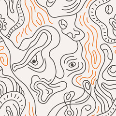 Psychedelic abstract unique seamless pattern with abstract faces 