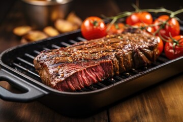 red meat steak on a grilling pan - obrazy, fototapety, plakaty