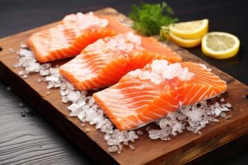 raw salmon fillets on a board