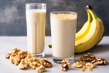 walnut banana smoothie next to a bunch of bananas and shelled walnuts