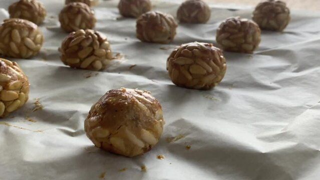Several pine nut panellets fresh from the oven. Typical snack eaten on the feast of All Saints in Catalonia. 