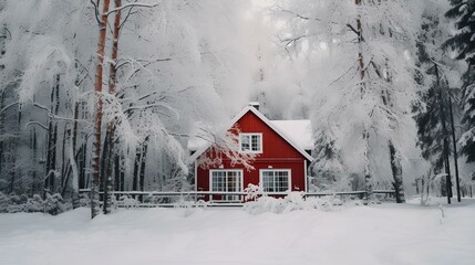 Red wooden house surrounded with trees covered with snow. generative AI