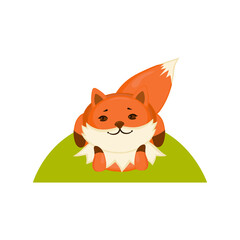 Cute red fox in lying posture. Picture for yoga and relaxation exercises. Isolated illustration on white background. Kids print design.