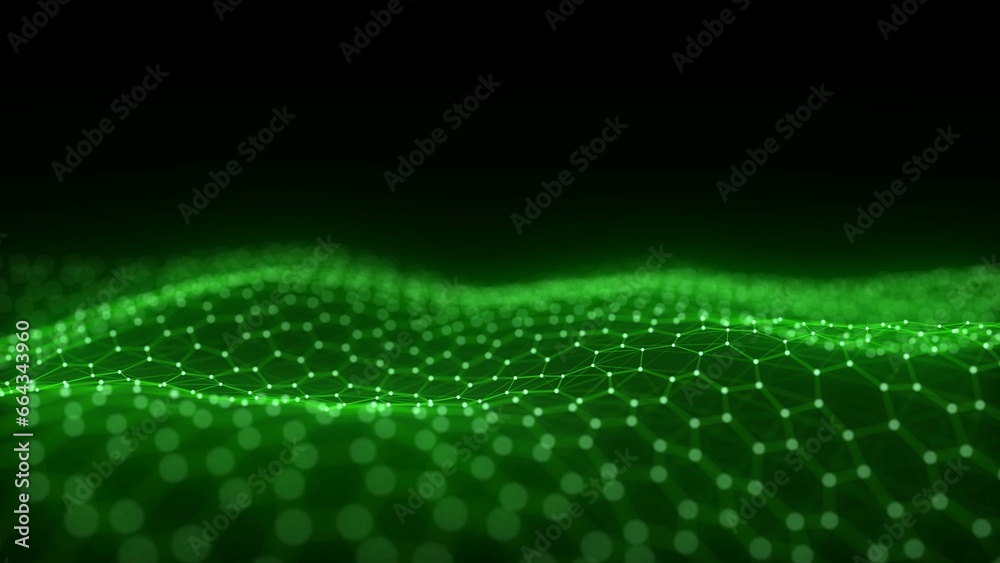 Poster digital technology wave. dark cyberspace with green motion dots and lines. futuristic digital backgr