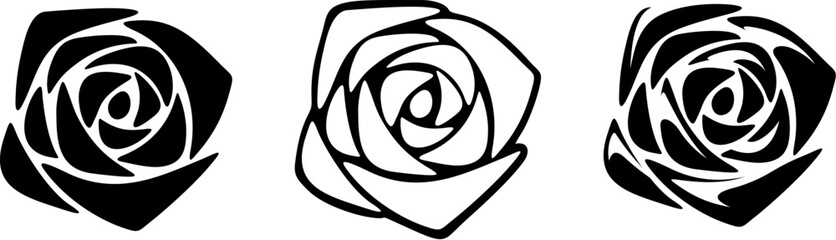 Rose flowers. Black silhouettes of roses isolated on a white background. Set of vector black and white illustrations