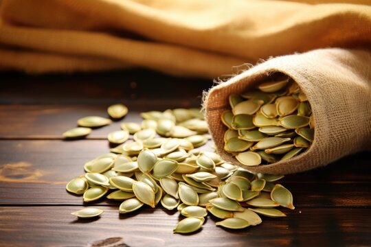 closeup image of raw pumpkin seeds on a wooden table