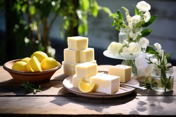 lemon square raw vegan desserts on a rustic table