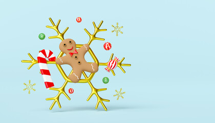 Gingerbread man with candy cane, snowflake, decorative ball. merry christmas and happy new year, 3d render illustration
