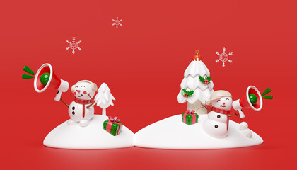 3d snowman and friend holds megaphone on snow hill with pine tree, gift box, snowflake isolated on red background. online shopping sale, merry christmas and happy new year, 3d render illustration