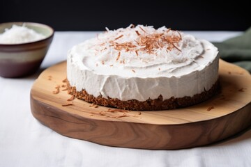 raw vegan coconut cream pie on a wooden board