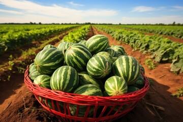 basket full of freshly harvested watermelons in the field - obrazy, fototapety, plakaty
