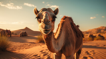 Dubai desert camel safari Arab culture, traditions and tourism landscape Arabs traveling on sand dunes in the background