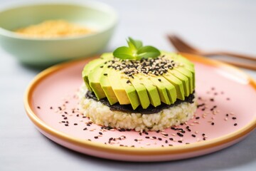 rice cake topped with mashed avocado and chia seeds on a pastel plate