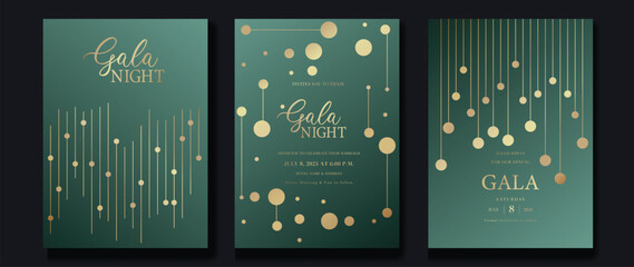Luxury invitation card background vector. Golden elegant geometric shape, gold lines gradient, circle on green background. Premium design illustration for gala card, grand opening, party invitation.