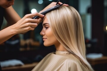 Fototapeta premium Female hairdresser stylish doing hair dyeing to long hair customer in the hair salon.