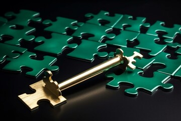 metallic key and puzzle in emerald color. Generative AI