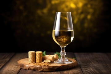 glass of white wine with cork beside it
