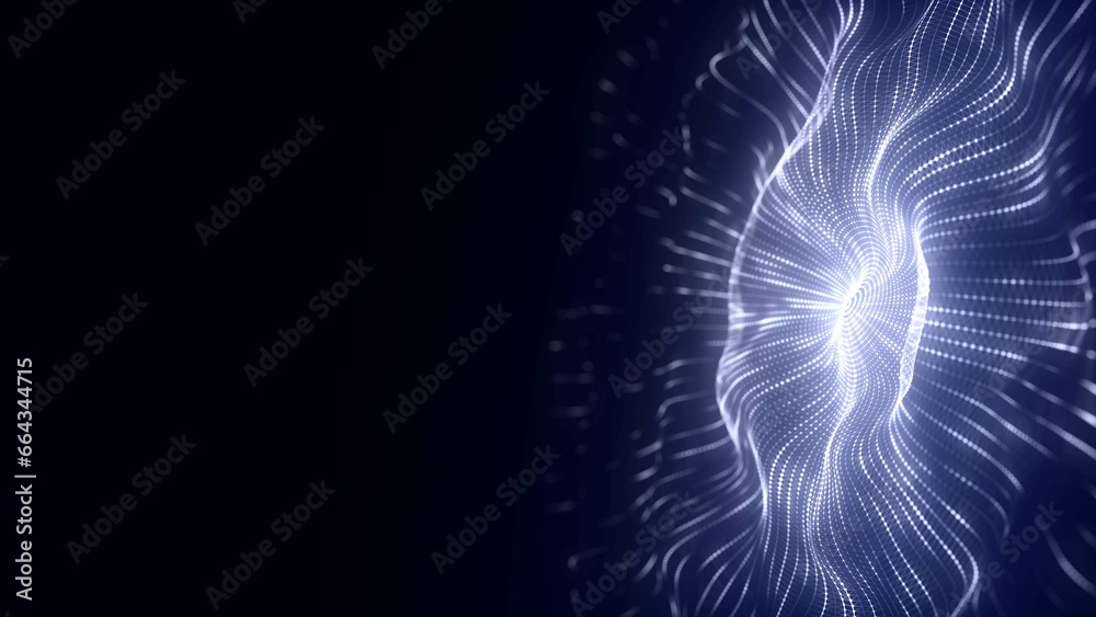 Poster Abstract music sound wave. Dark cyberspace with moving particles. Futuristic circle wave with digital database. Big data analytics. 3d rendering.
