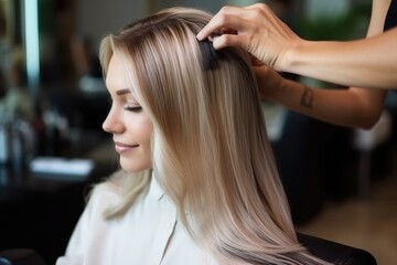 Naklejka premium Female hairdresser stylish doing hair dyeing to long hair customer in the hair salon.