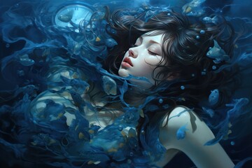 Fantasy woman portrait underwater. Blue Monday concept.