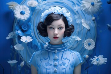 Fashion portrait of a woman with flowers in blue color palette. Blue Monday concept.