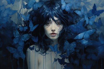 fantasy portrait of a sad depressed woman with blue butterflies ornament. Blue Monday Day in January concept.