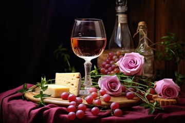 Obraz na płótnie Canvas rose wine with cheese and grapes