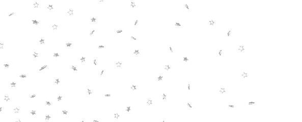 Abstract pattern of random falling silver stars on white background.