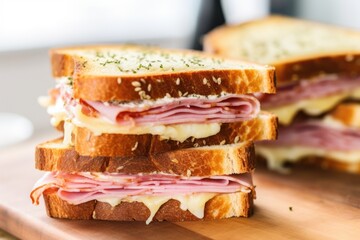 close-up of ham and swiss sandwich on sourdough bread