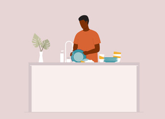 One Black Man Standing At Kitchen Sink Washing Dishes Under Running Water. Full Length. Flat Design.