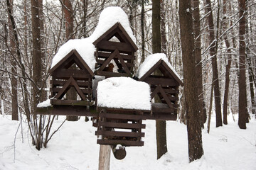 bird feeder in the winter forest. Animal house in the park