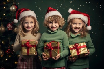 Funny kids with gift boxes at Christmas prepare. Small seasonal festive present. Generate Ai