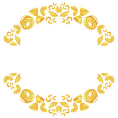 Round frame made of different types of Italian pasta for designing menus, certificates and booklets, and advertising cafes. Wreath. Isolated watercolor illustration. Clipart.