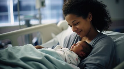 New Life Arrival Tender Moment of Afro-American Mother and Newborn - obrazy, fototapety, plakaty