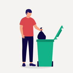 One Man Throwing Rubbish Into The Garbage Bin. Full Length. Flat Design.