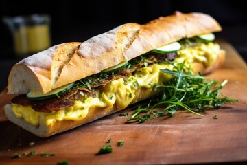 close-up of a baguette sandwich with a generous mustard spread - Powered by Adobe
