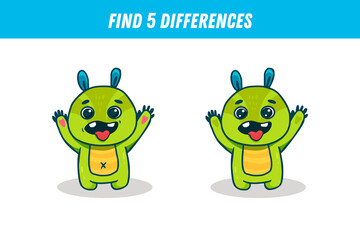 Find three differences between two pictures of cute green monster. Cute alien. 