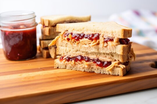 pb&j sandwich, full spread, diagonally cut on a board