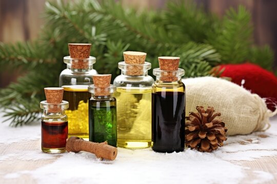 essential oils on table with wintery backdrop